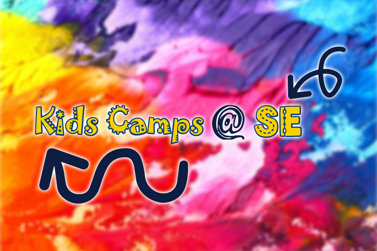 The Kids Camps at Southeast logo with two whirly arrows and fun font.