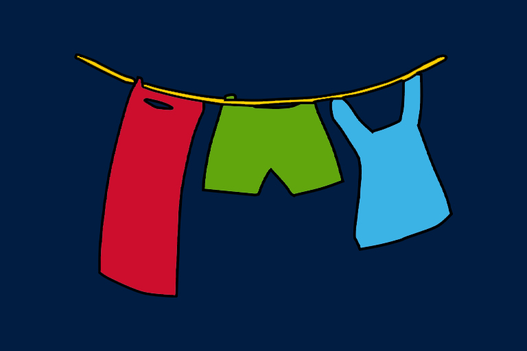 A graphic that represents a clothes line with a few items hanging.