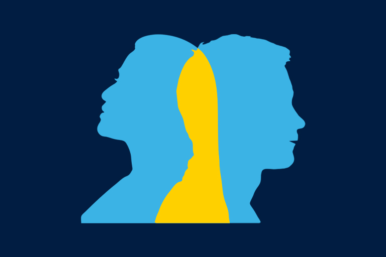 Graphic silhouette of two heads with an overlap in a different color.