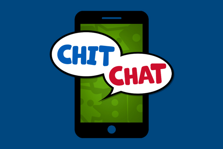 Graphic with a blue background. One "talk bubble" says Chit. A second "talk bubble" says Chat.