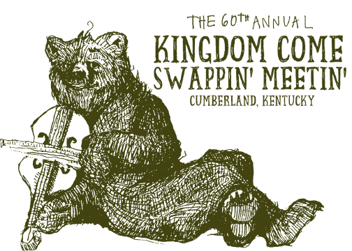 Logo for the Kingdom Come Swappin' Meetin', featuring a drawing of a bear holding a fiddle.