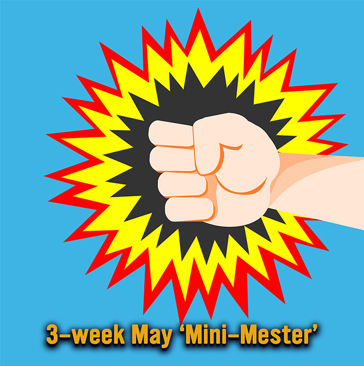 Cartoon image of a fist with some knockout stars. It includes the text "3-week May 'Mini-Mester.'"