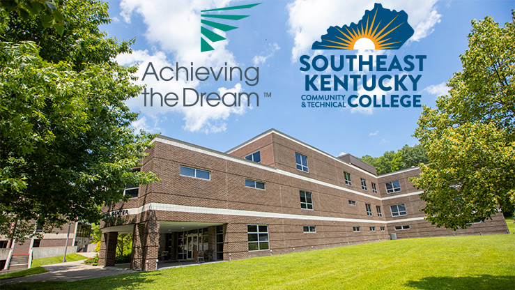 A low-angle photo of the Godbey Appalachian Center with the college logo and Achieving the Dream logo placed in the sky of the photo.