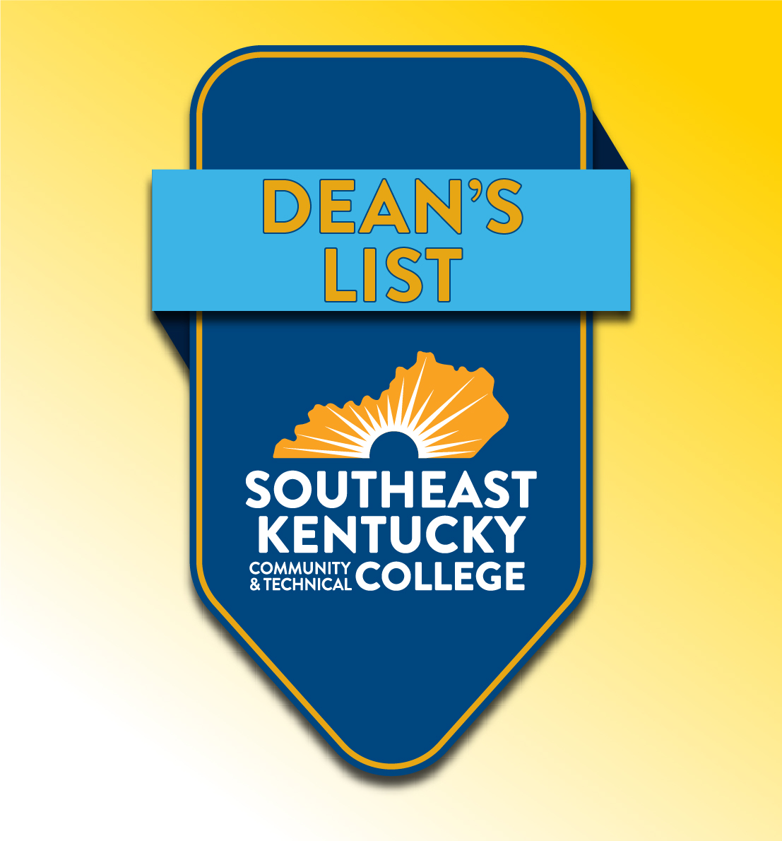 A graphic made to look like a vertical flag, badge, or banner. The background is a fading yellow. The badge says Dean's List and has the SKCTC logo on it.
