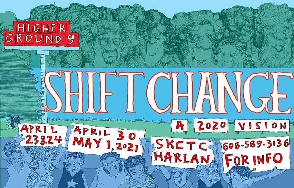 A drawing with people holding signs. It is the 9th version of the musical. This one is titled Shift Change.