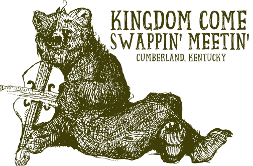 Logo for the Kingdom Come Swappin' Meetin', featuring a drawing of a bear holding a fiddle.