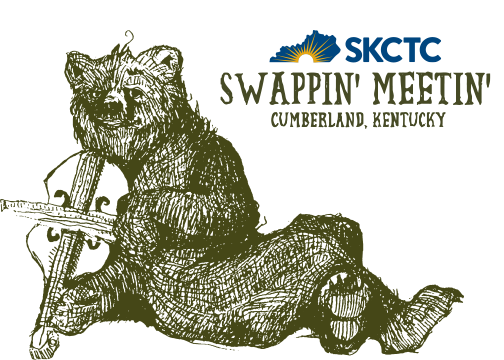 Logo for the Kingdom Come Swappin' Meetin', featuring a drawing of a bear holding a fiddle.